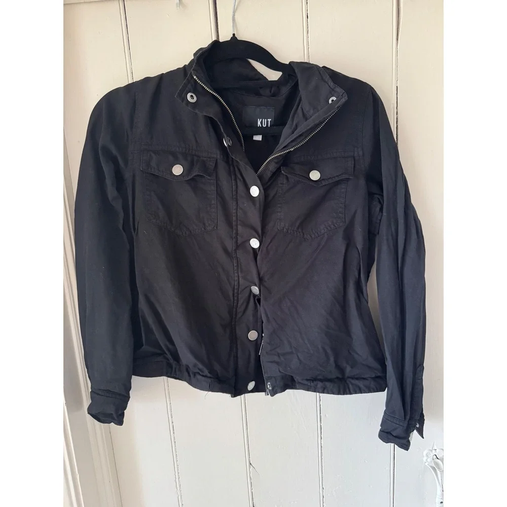 kut from the kloth black‎ longsleeve button up zip jacket womens XS EUC